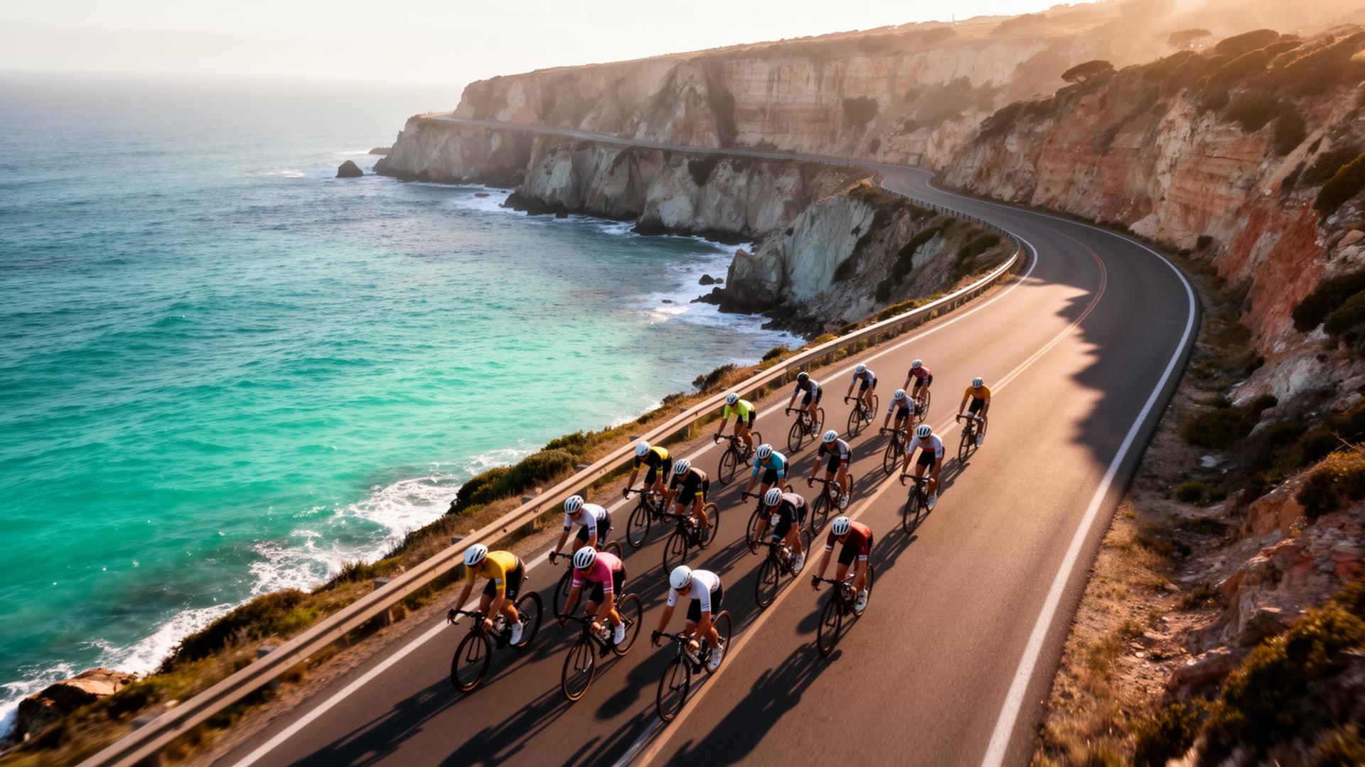 Radfahrer-Gruppe auf Küstenstraße von oben