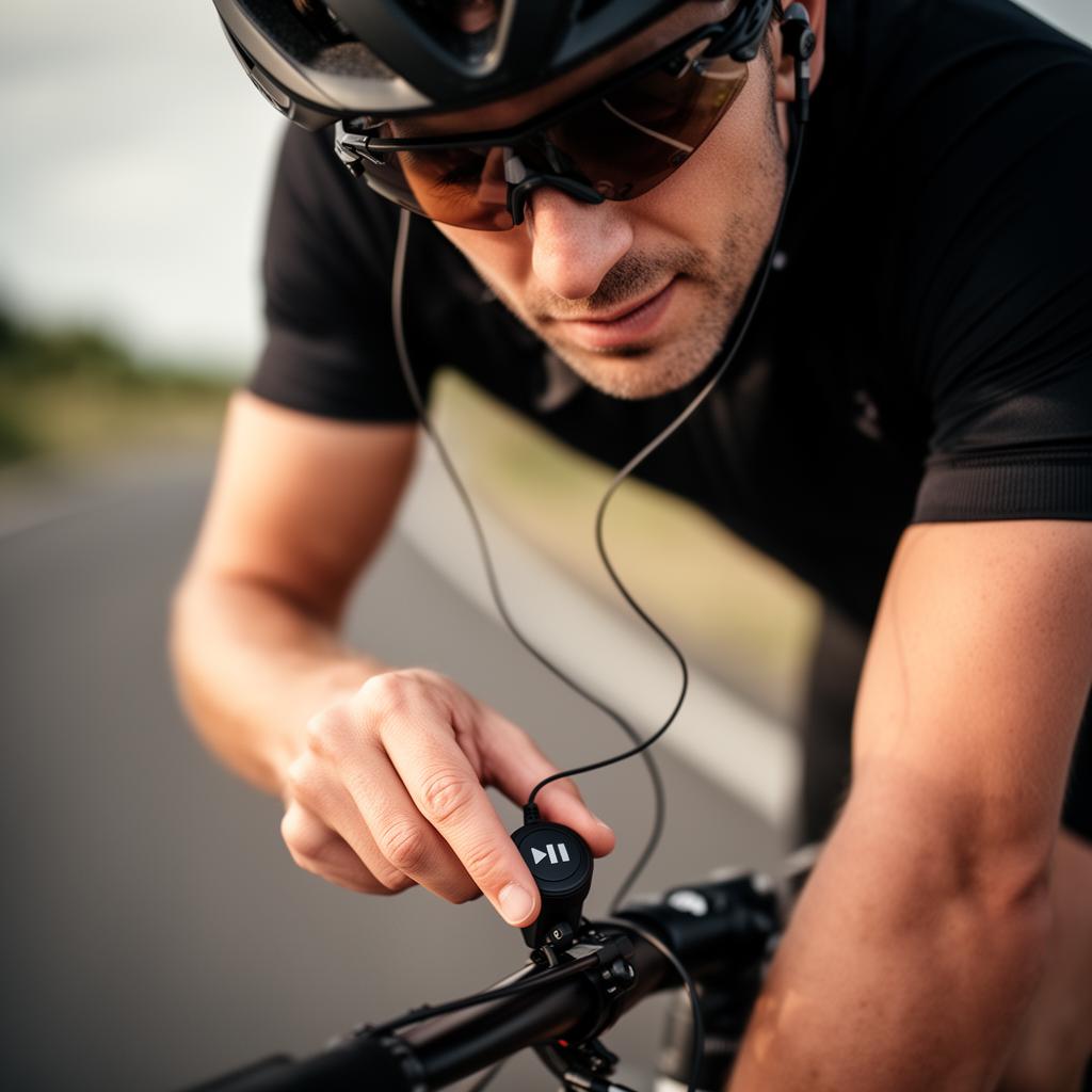 Radfahrer drückt Play-Taste an Kabelkopfhörern