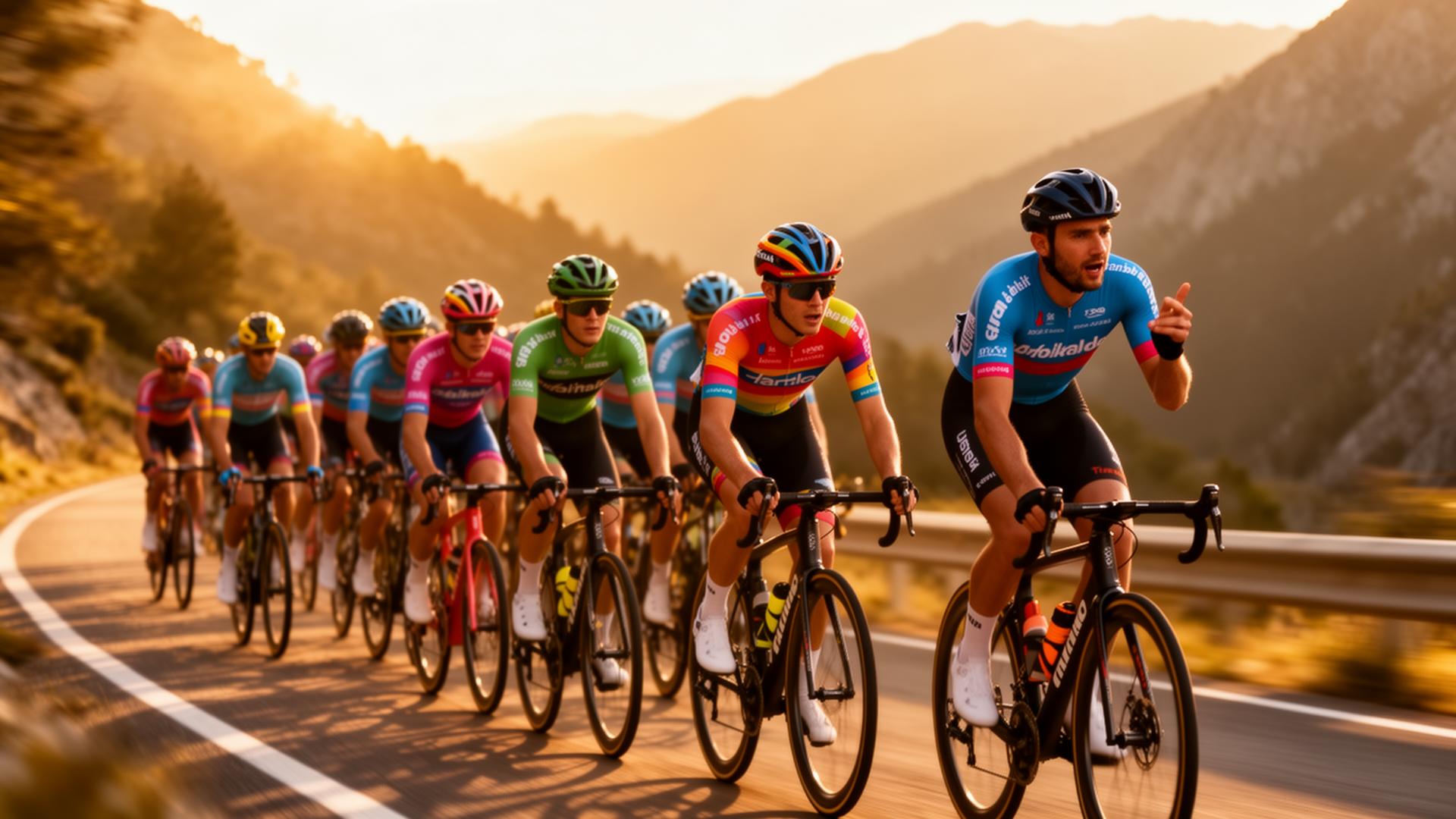 Radfahrer-Gruppe auf Bergstraße bei Sonnenuntergang